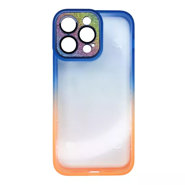 Funda Border Color Degrade Con Tapa Cámara Brillos IPhone 13 Pro Max Azul y Naranja