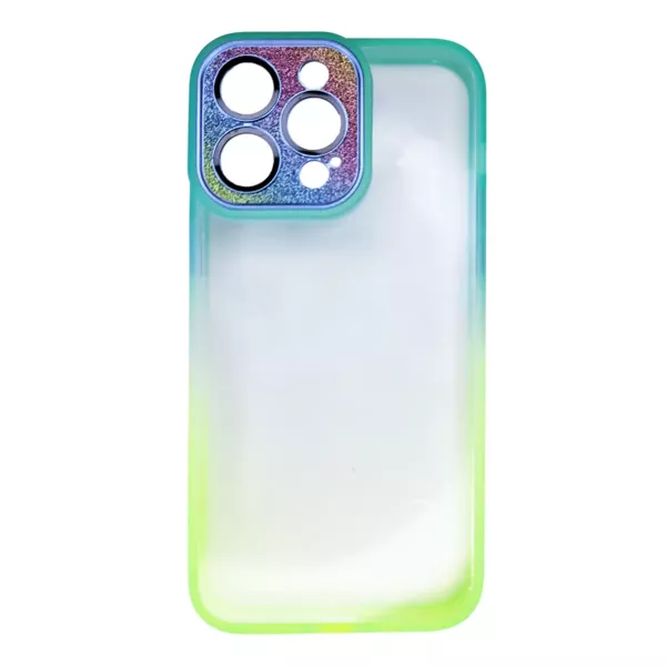 Funda Border Color Degrade Con Tapa Cámara Brillos IPhone 13 Pro Max Turquesa y Amarillo Fluor