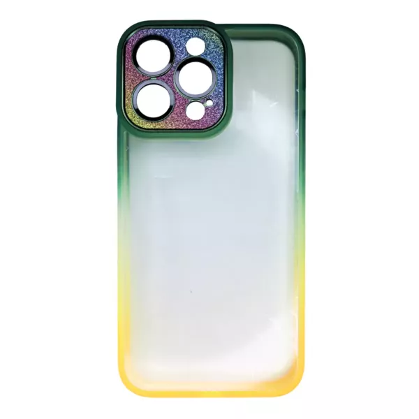 Funda Border Color Degrade Con Tapa Cámara Brillos IPhone 13 Pro Max Verde Oscuro y Amarillo