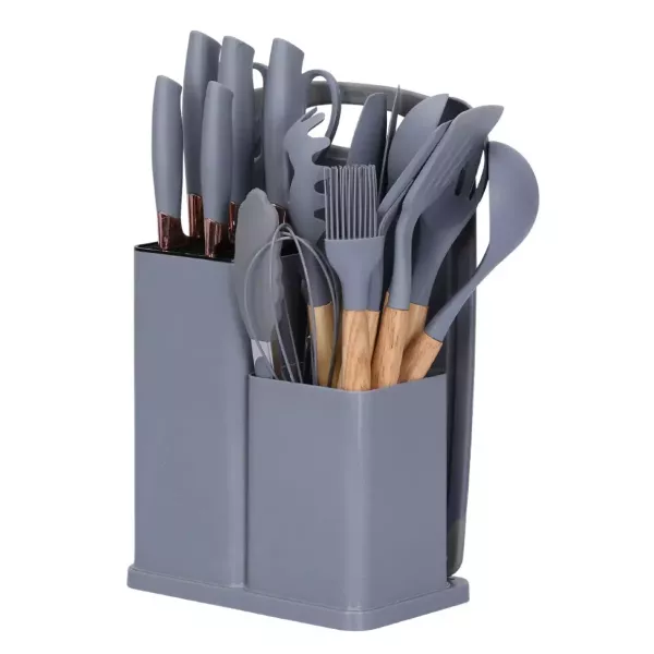 Set x19 Utensilios De Cocina - Soporte Madera y Punta Silicona
