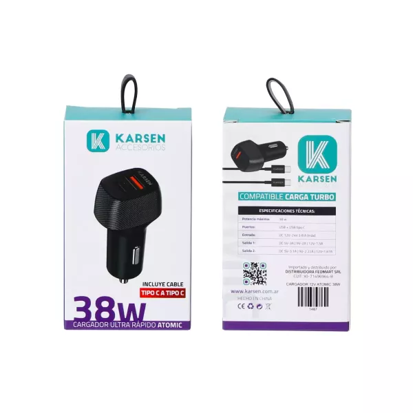 Cargador Auto Tipo C a Tipo C 38W Atomic Karsen